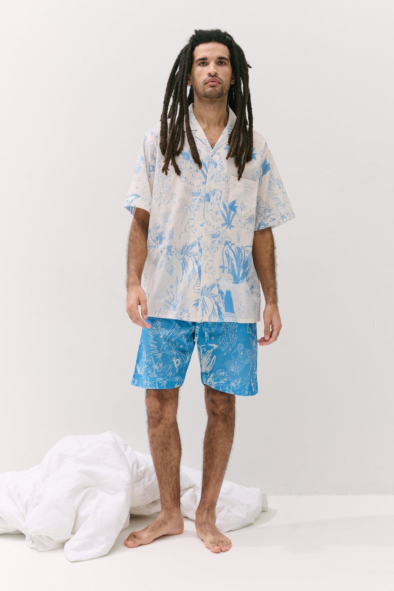 Men’s Cuban Pyjama Set Temple Del Sol Cream/Blue