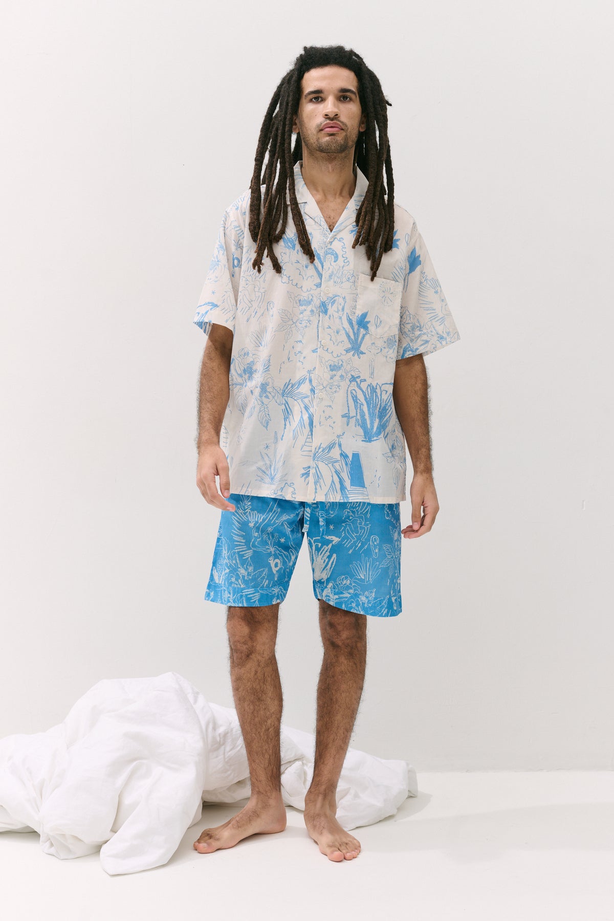 Men’s Cuban Pyjama Set Temple Del Sol Cream/Blue