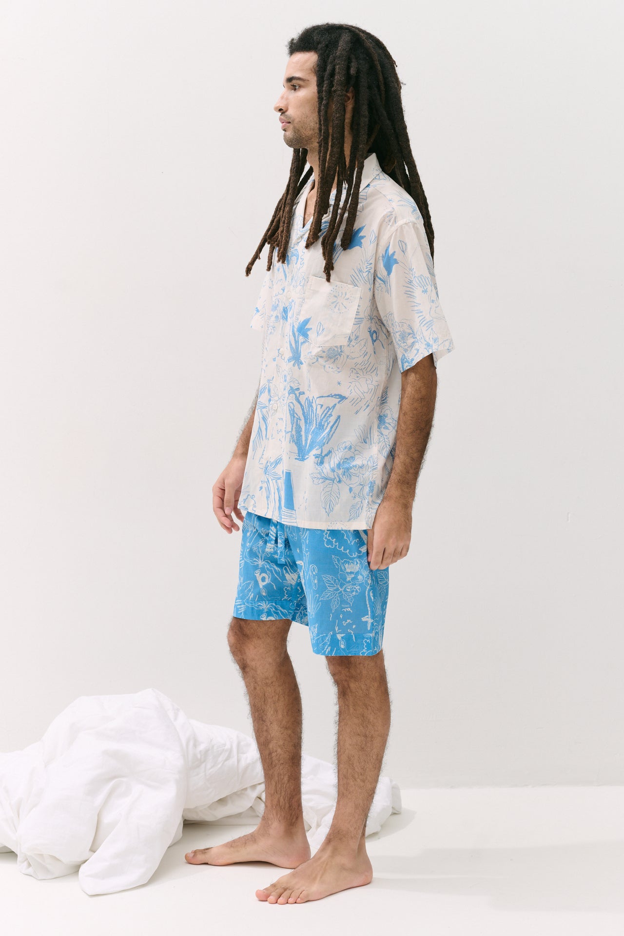 Men’s Cuban Pyjama Set Temple Del Sol Cream/Blue
