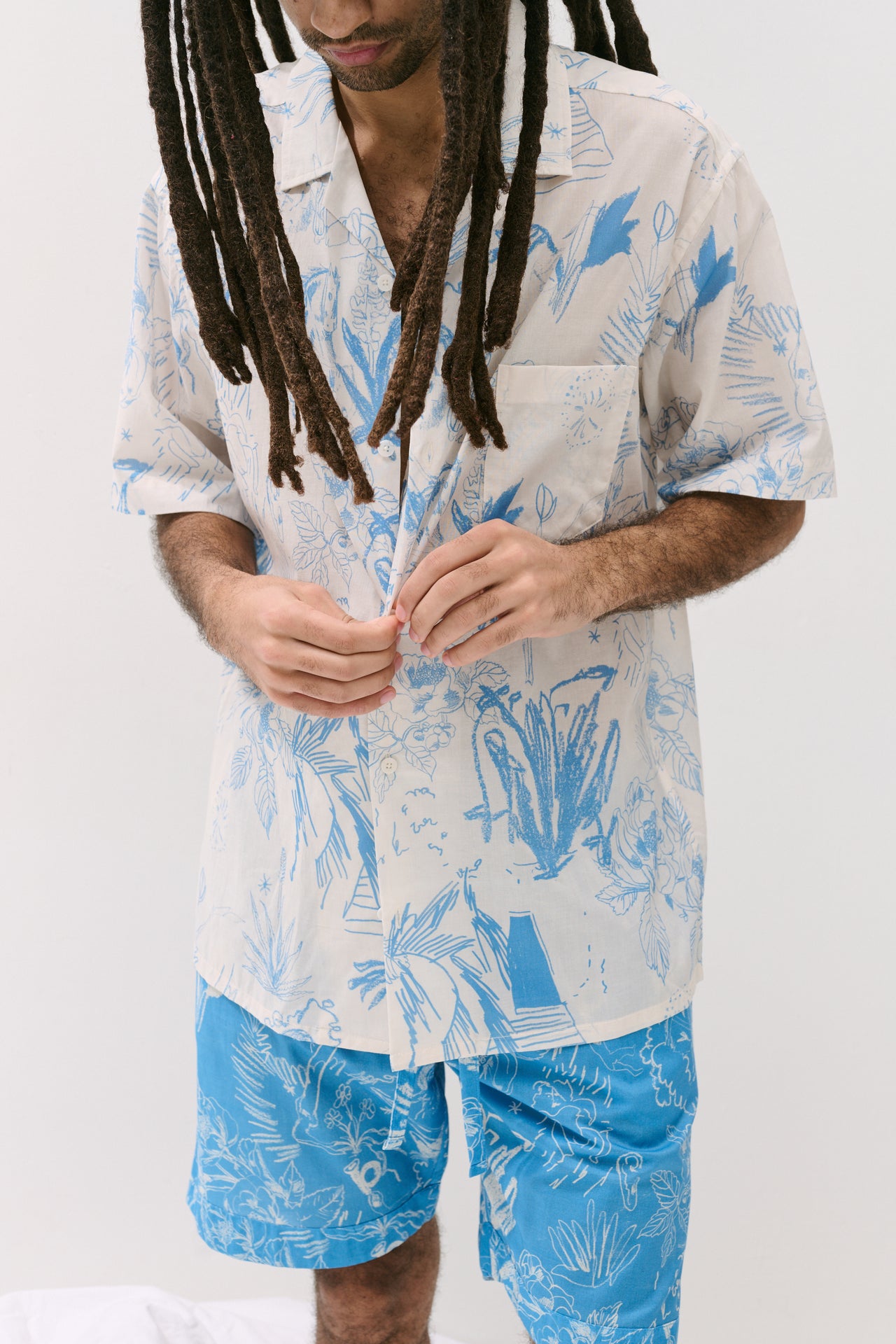 Men’s Cuban Pyjama Set Temple Del Sol Cream/Blue