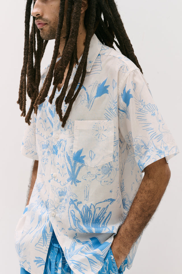 Men’s Cuban Pyjama Set Temple Del Sol Cream/Blue