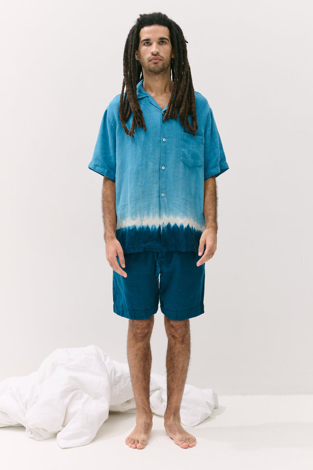 Men’s Cuban Pyjama Set Blue Dip Dye Linen