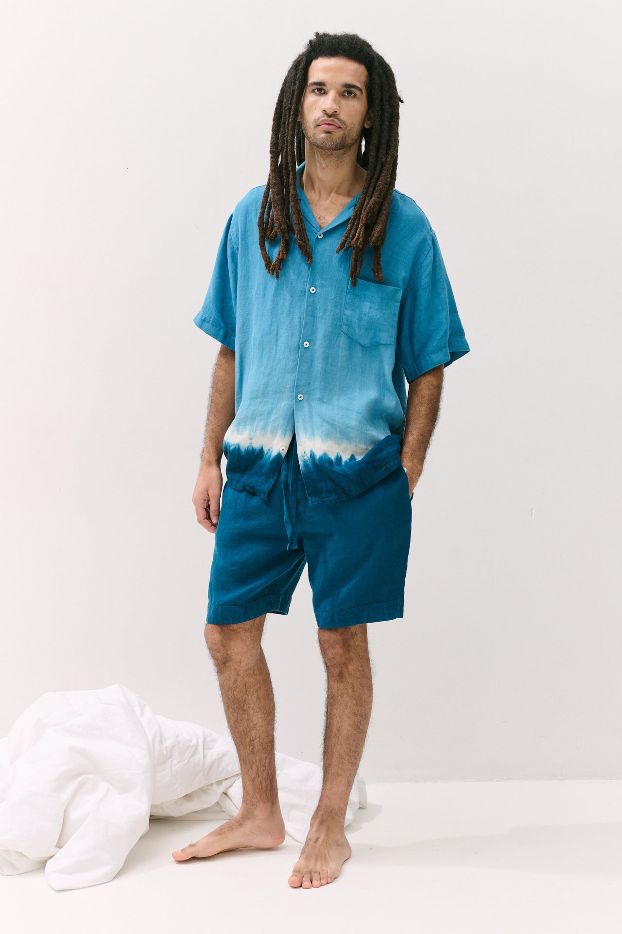Men’s Cuban Pyjama Set Blue Dip Dye Linen