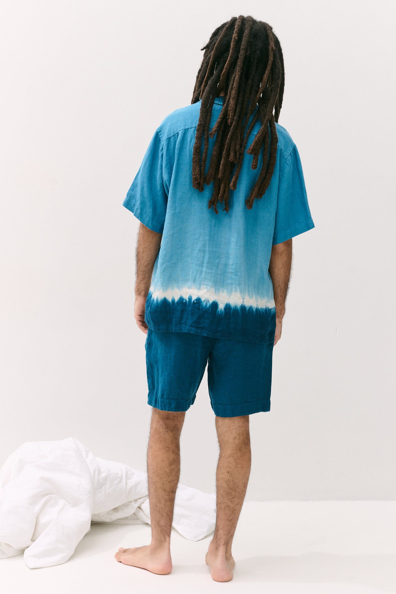 Men’s Cuban Pyjama Set Blue Dip Dye Linen