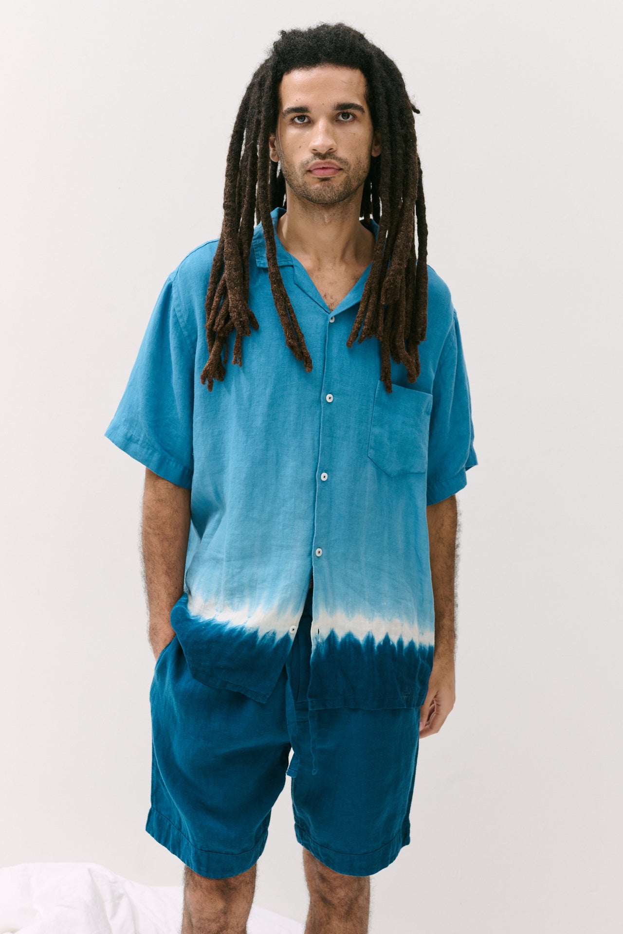 Men’s Cuban Pyjama Set Blue Dip Dye Linen
