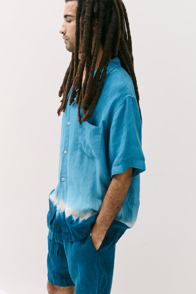 Men’s Cuban Pyjama Set Blue Dip Dye Linen