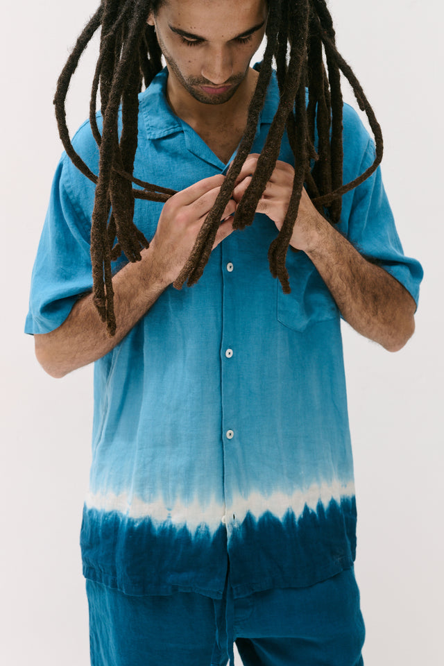 Men’s Cuban Pyjama Set Blue Dip Dye Linen