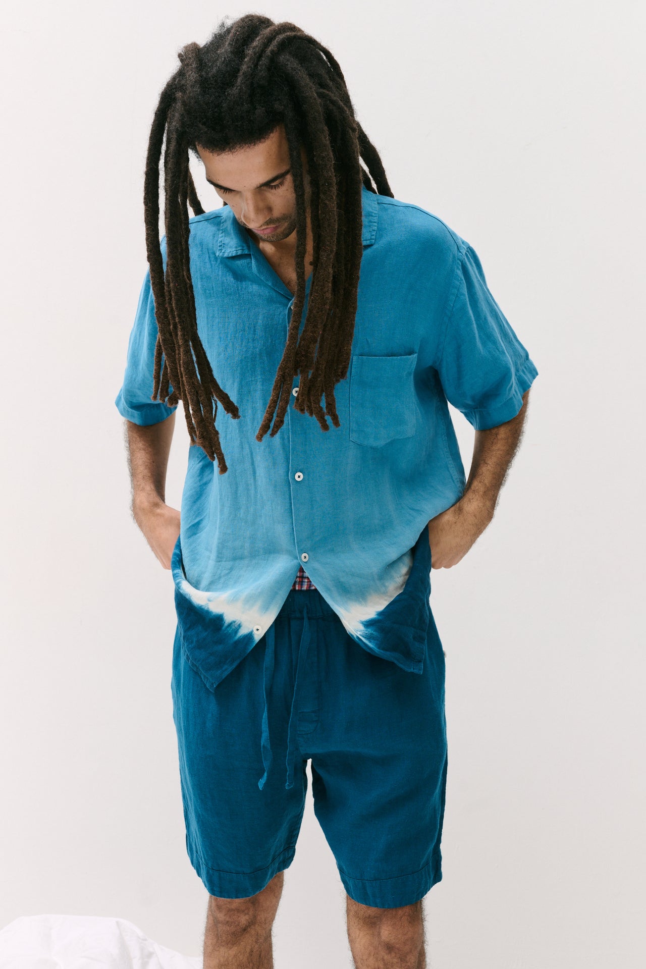 Men’s Cuban Pyjama Set Blue Dip Dye Linen