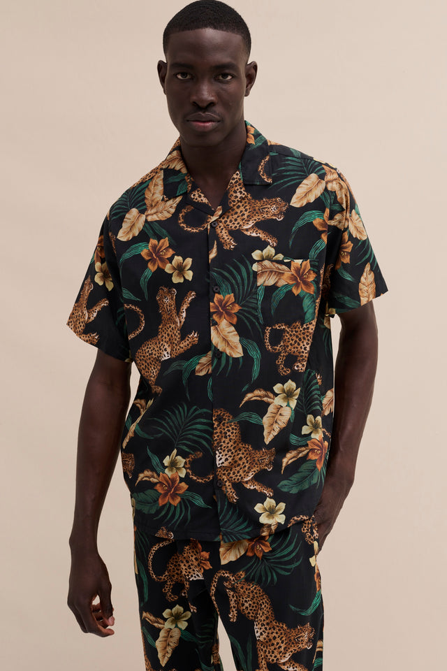 Men’s Cuban Pyjama Shirt Soleia Print Black/Yellow