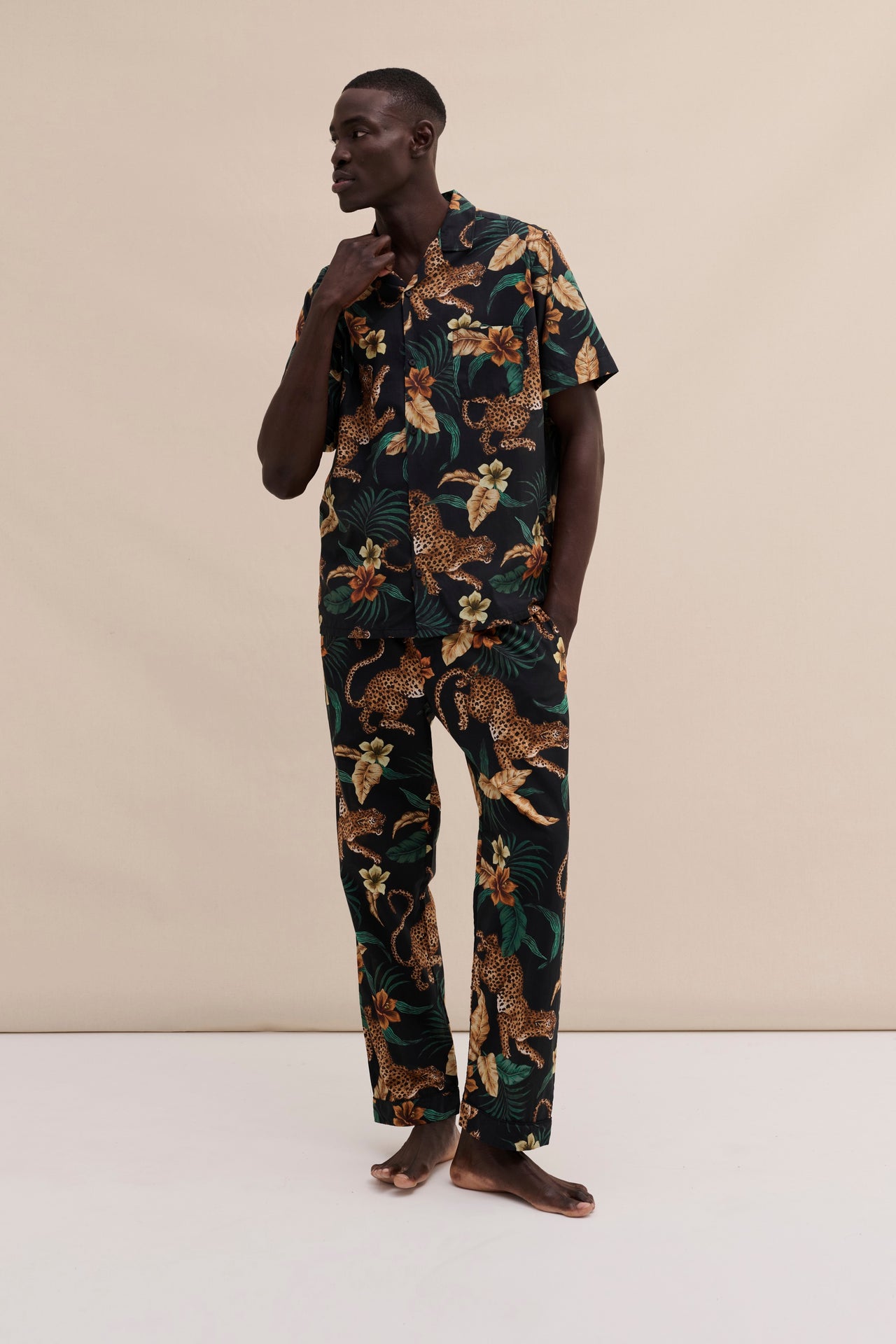 Men’s Cuban Long Pyjama Set Soleia Leopard Print Black/Yellow