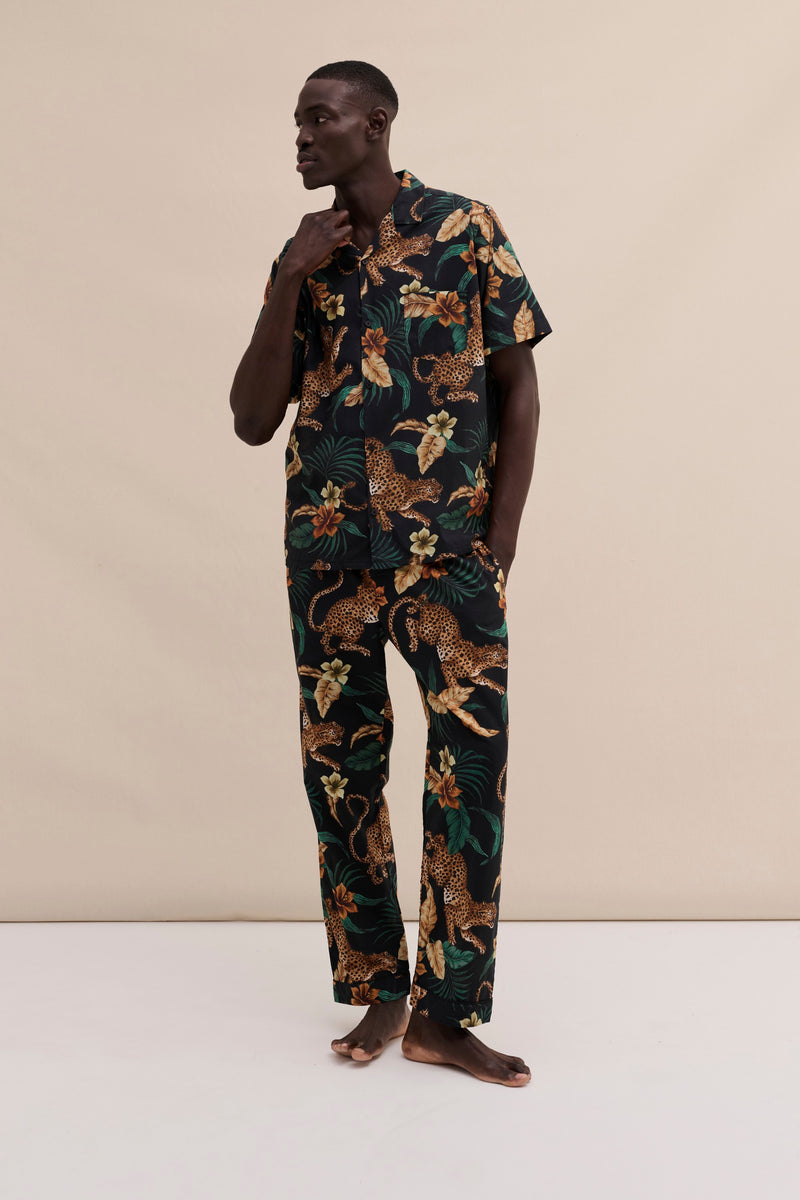 Men’s Cuban Long Pyjama Set Soleia Leopard Print Black/Yellow