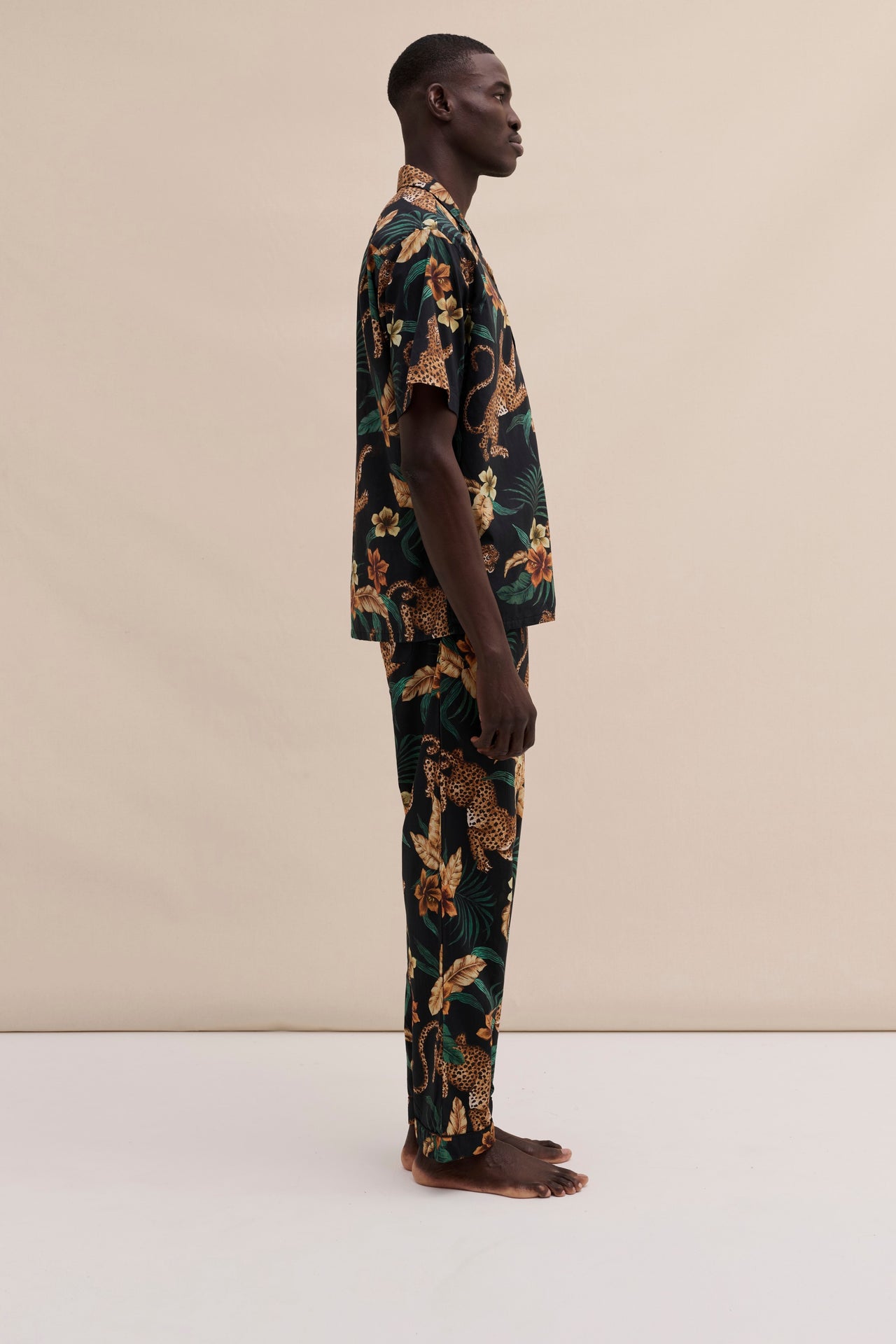 Men’s Cuban Long Pyjama Set Soleia Leopard Print Black/Yellow