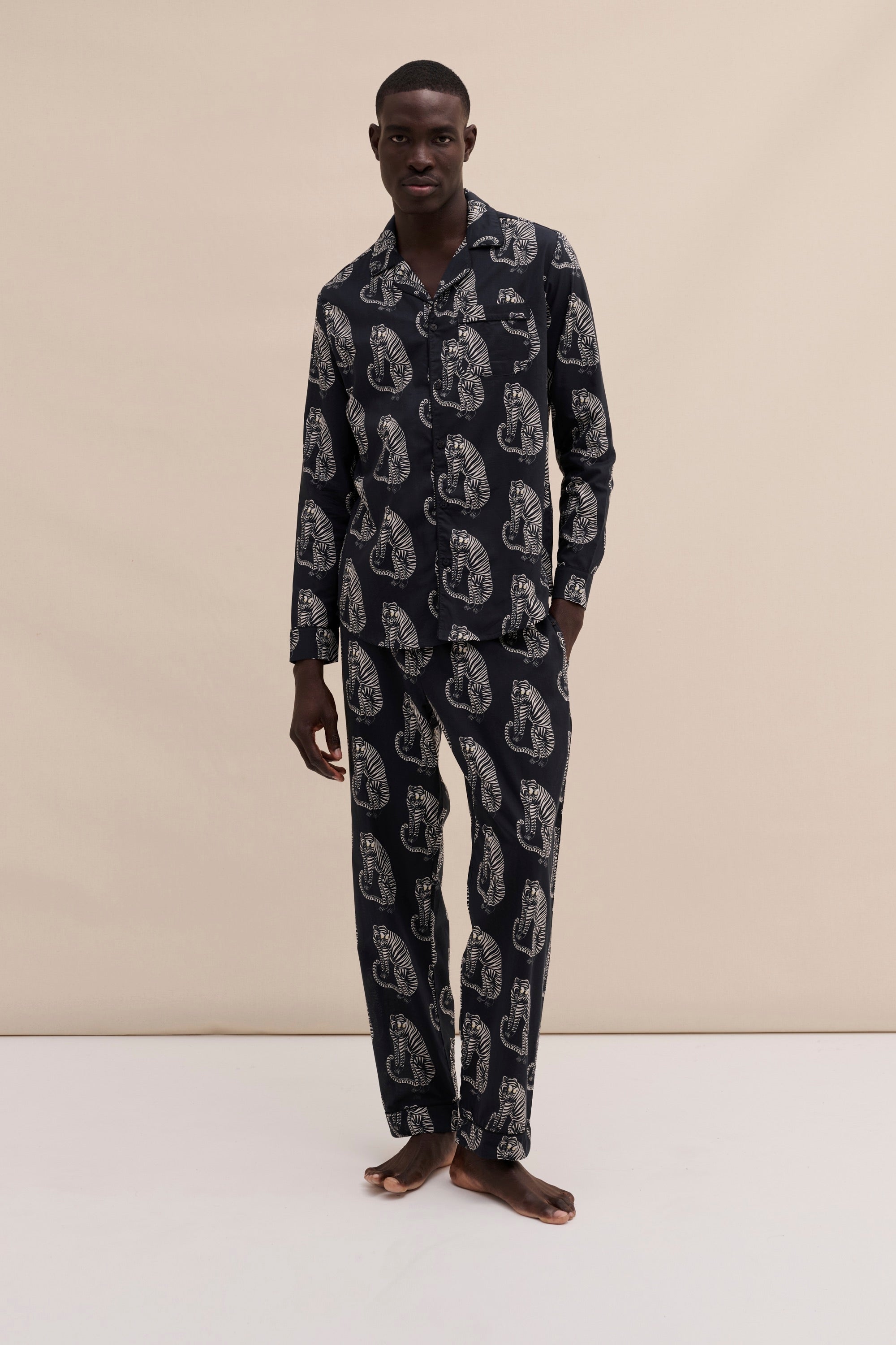 Long Pyjama Set Sansindo Tiger Print Black Cream