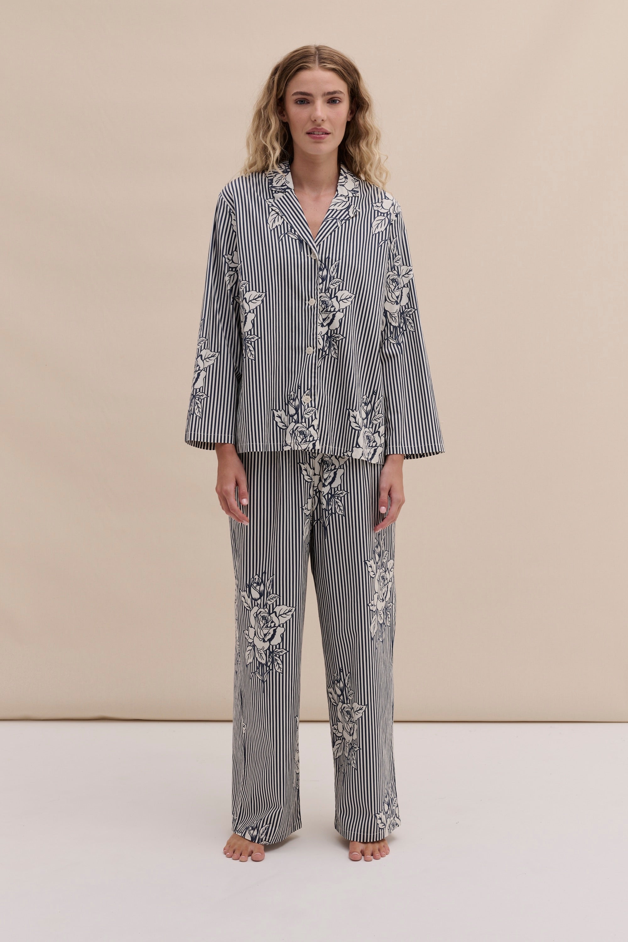 402 Long Pyjama Set Pinstripe Rose Navy