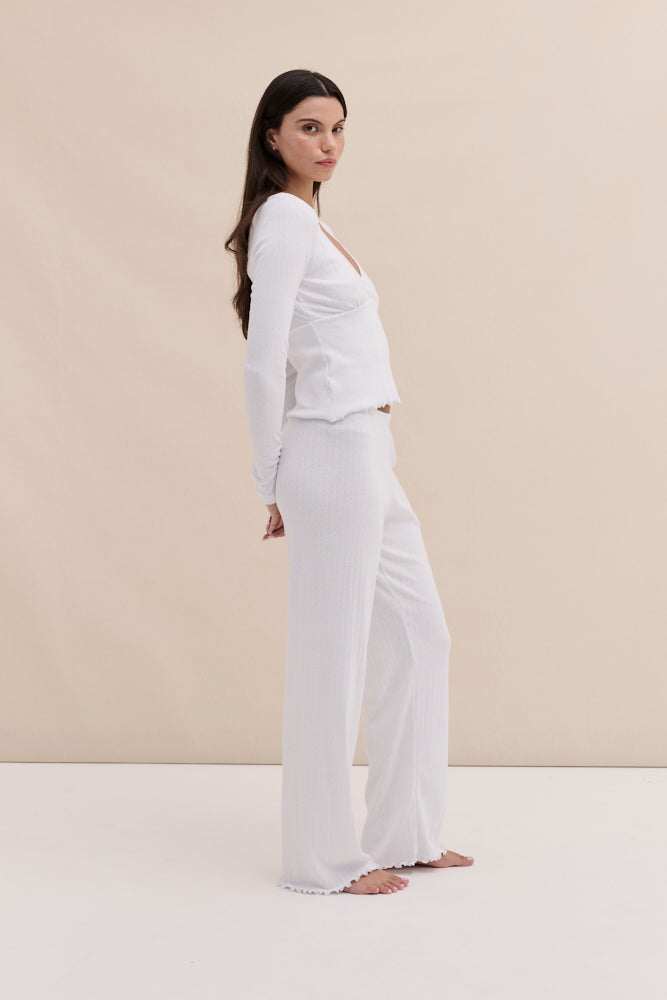 Pointelle Long Sleeve Top & Trouser Set White
