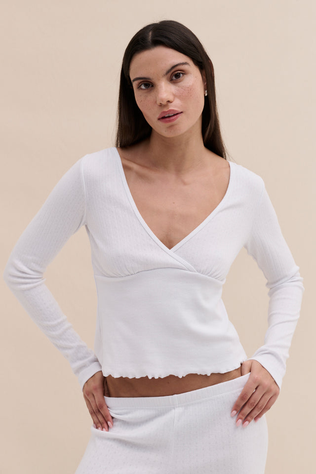 Pointelle Long Sleeve Top White