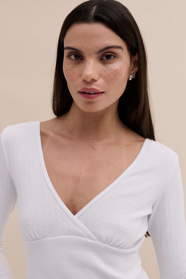 Pointelle Long Sleeve Top White