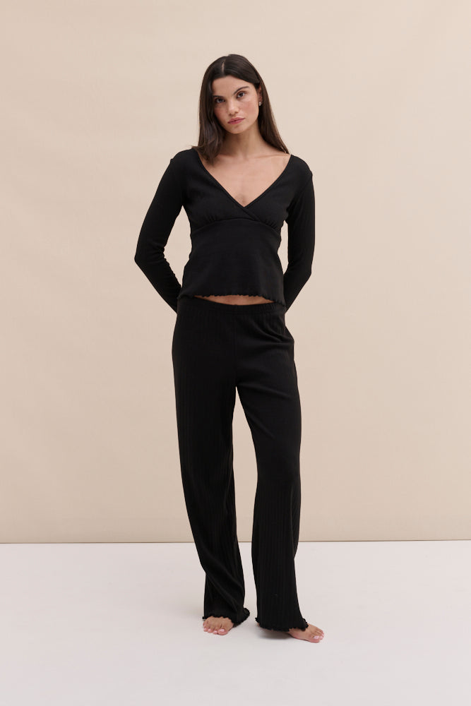Pointelle Long Sleeve Top & Trouser Set Black