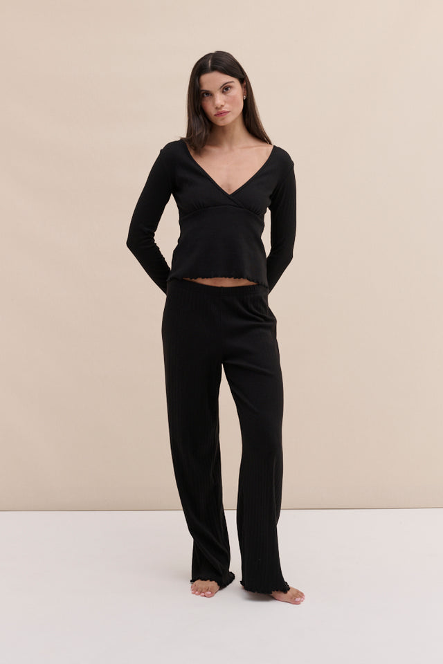 Pointelle Long Sleeve Top & Trouser Set Black