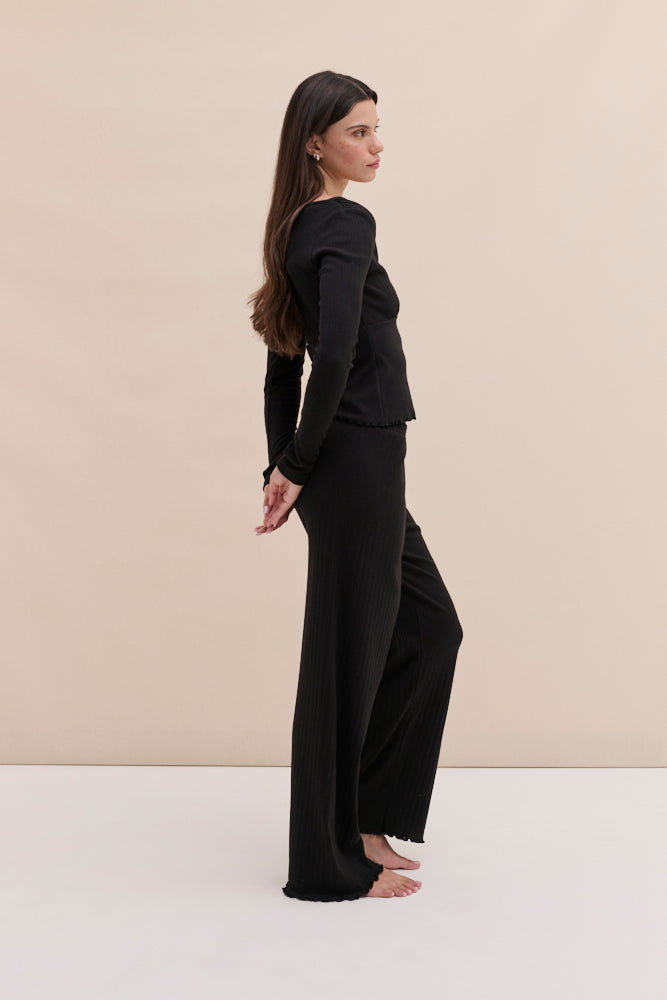 Pointelle Long Sleeve Top & Trouser Set Black