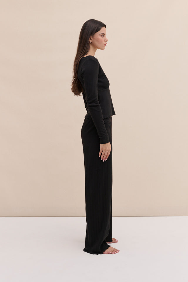 Pointelle Long Sleeve Top & Trouser Set Black