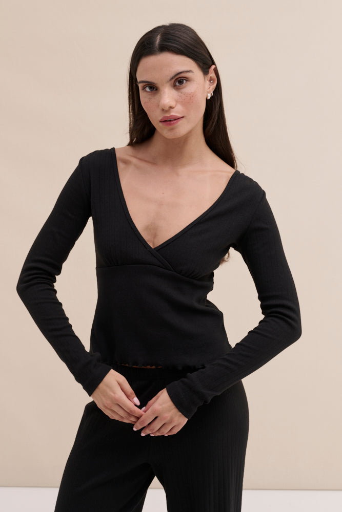 Pointelle Long Sleeve Top Black
