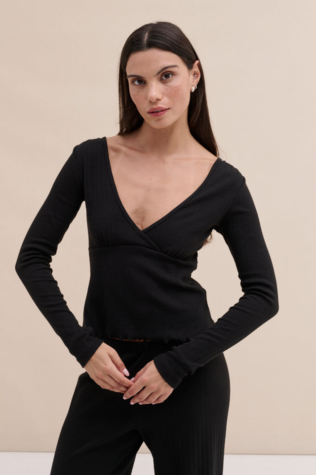 Pointelle Long Sleeve Top Black