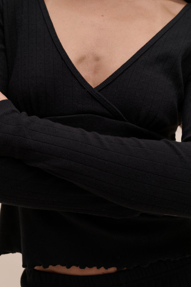 Pointelle Long Sleeve Top Black