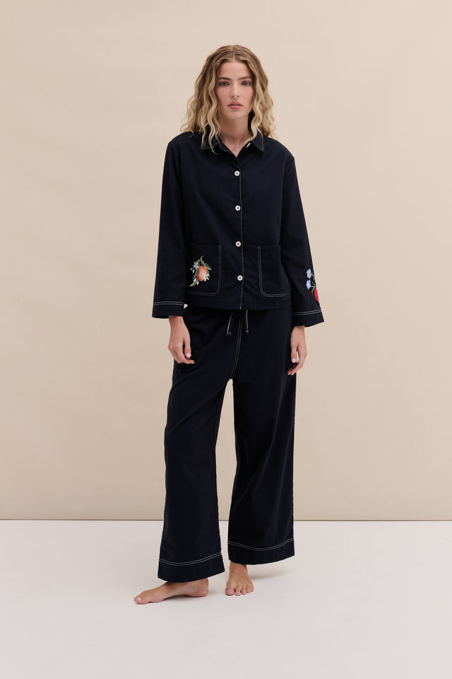 Pocket Set Brushed Cotton Embroidery Navy