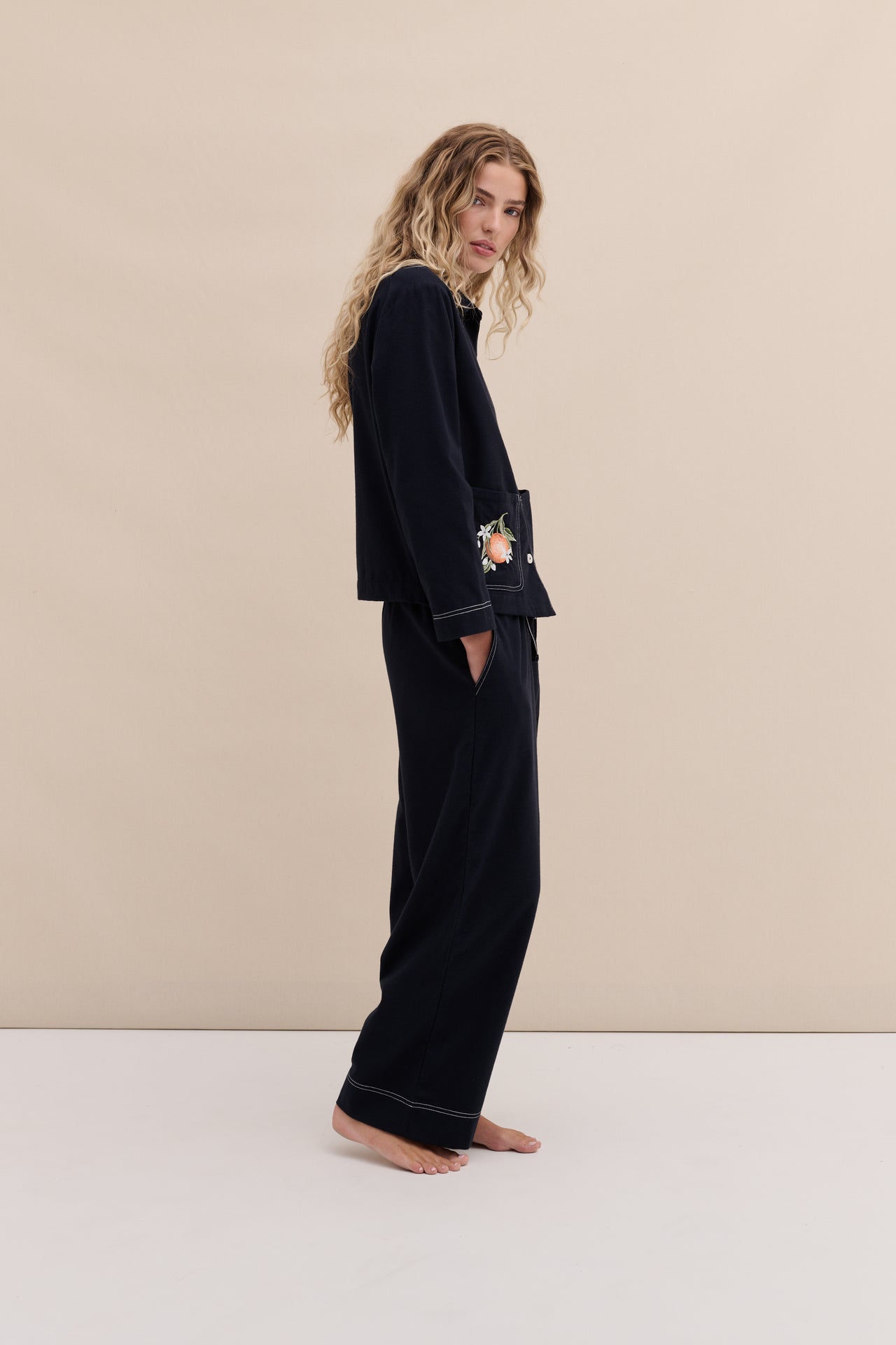 Pocket Set Brushed Cotton Embroidery Navy