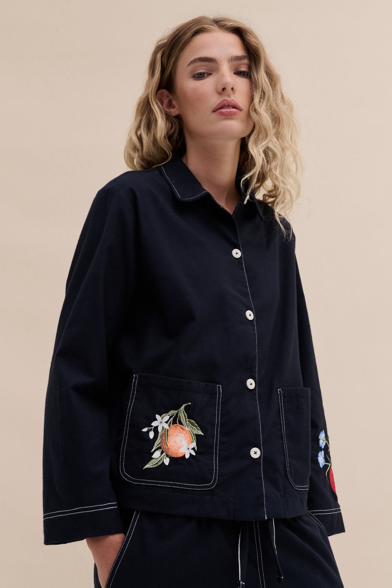 Pocket Set Brushed Cotton Embroidery Navy