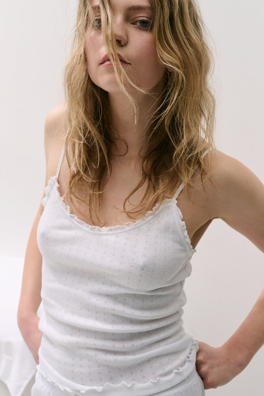 Pointelle Soft V Tank Top White