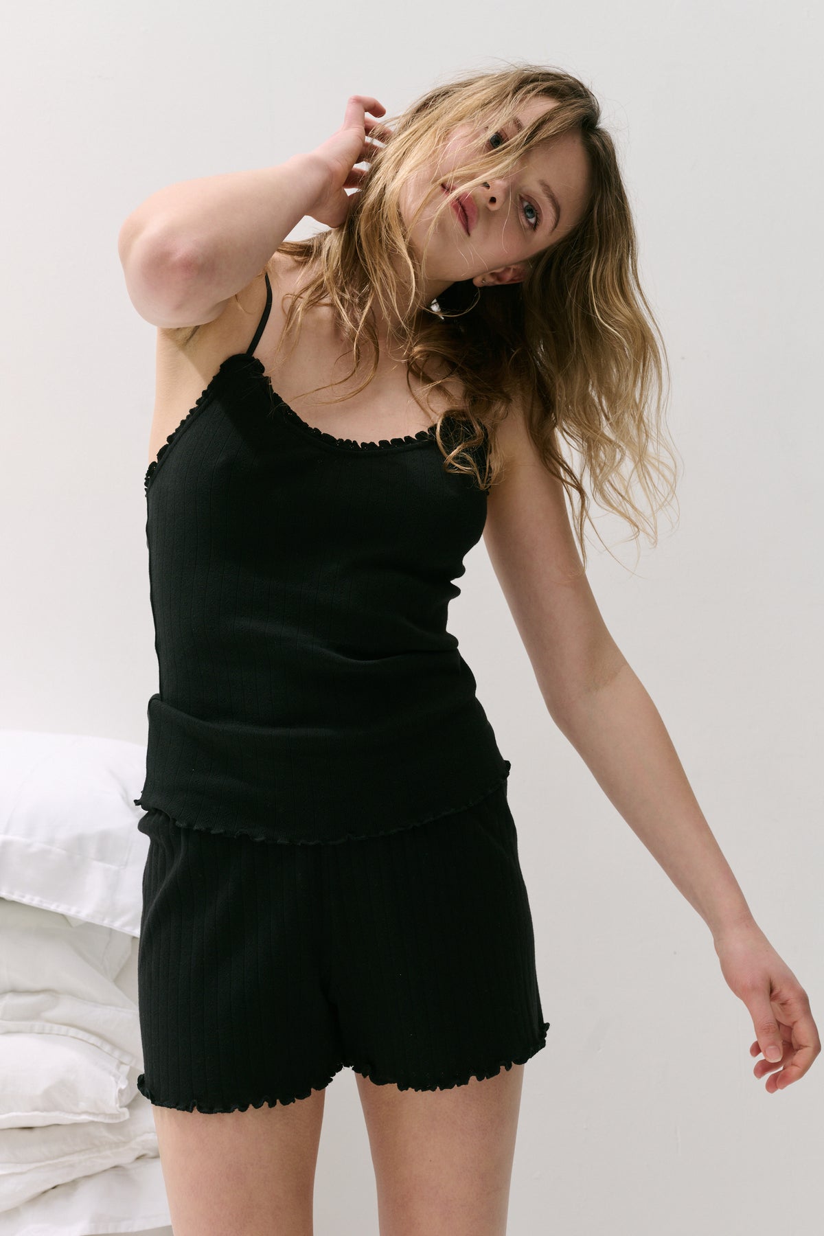 Pointelle Soft V Tank Top Black