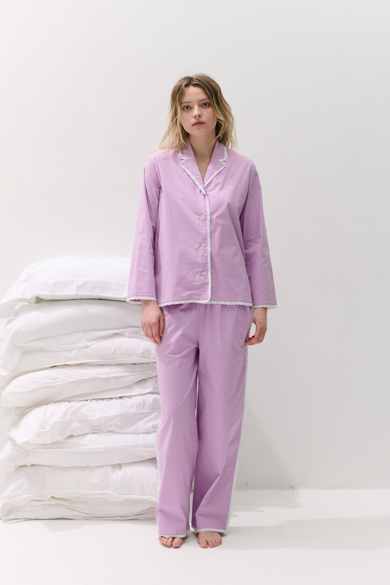 402 Long Pyjama Set Purple with Trims