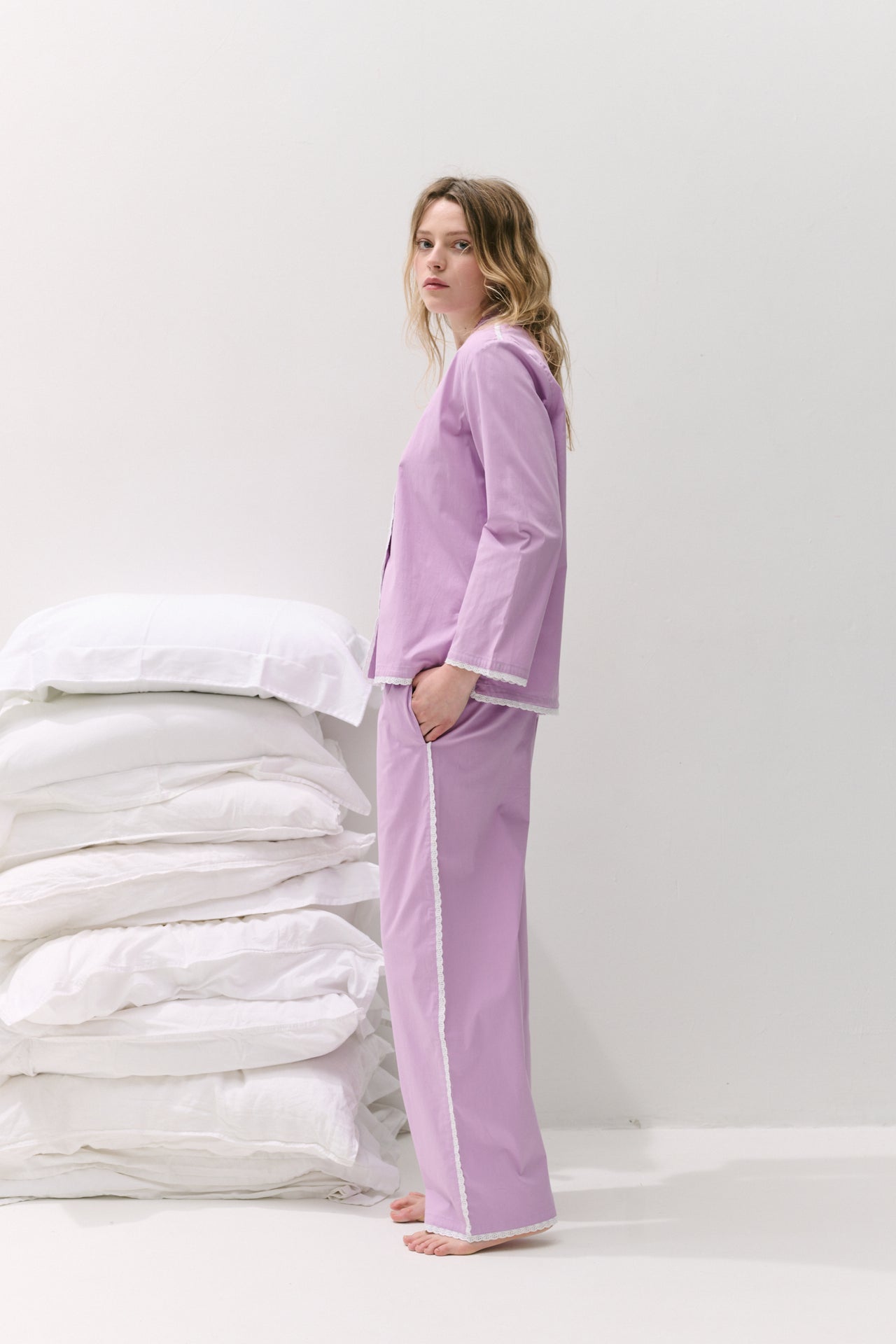 402 Long Pyjama Set Purple with Trims