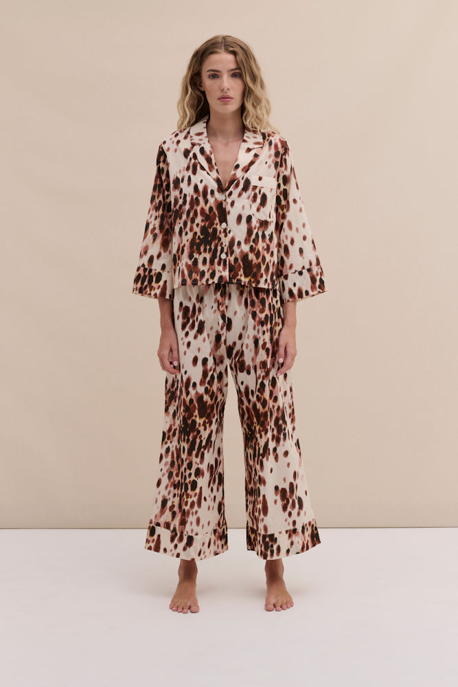 Boxy Shirt Wide Leg Trouser Set Leopard Brown Cream
