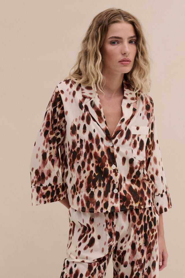Boxy Shirt and Wide Leg Trouser Set Leopard Brown/Cream