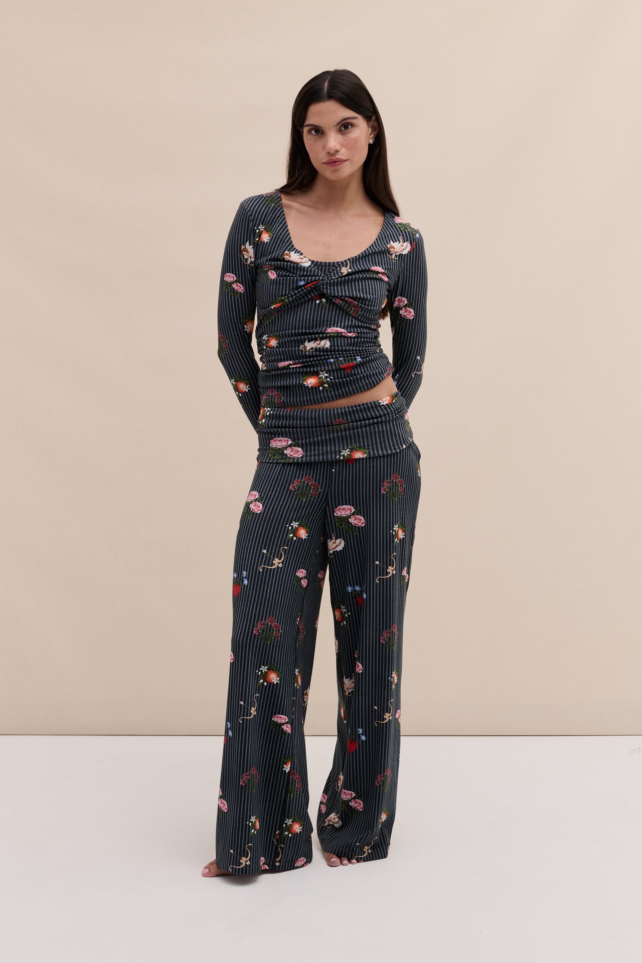 Lyocell Jersey Fold Over Trousers Primavera Pinstripe Navy