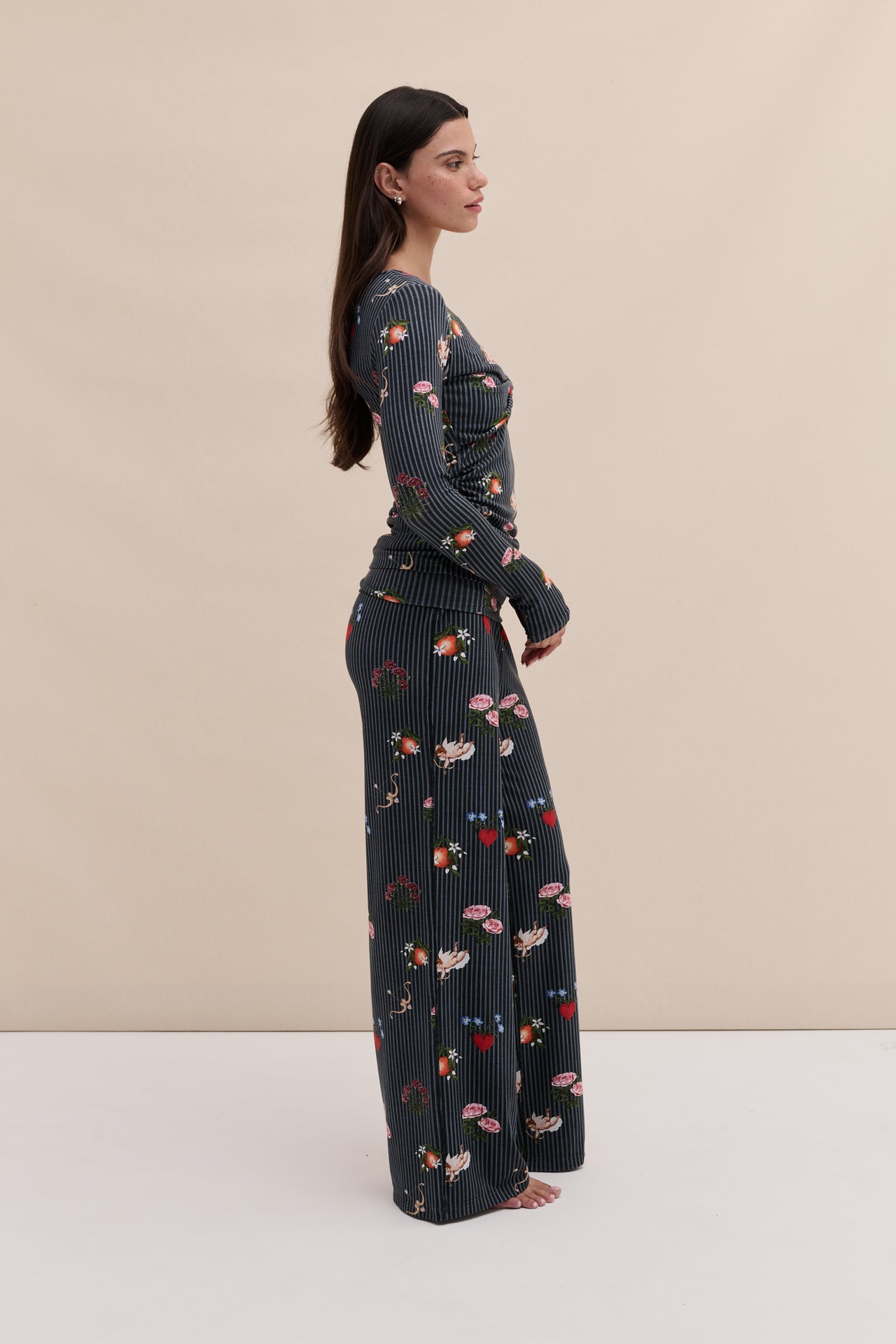 Lyocell Jersey Twist Top & Fold Over Trousers Set Primavera Pinstripe Navy