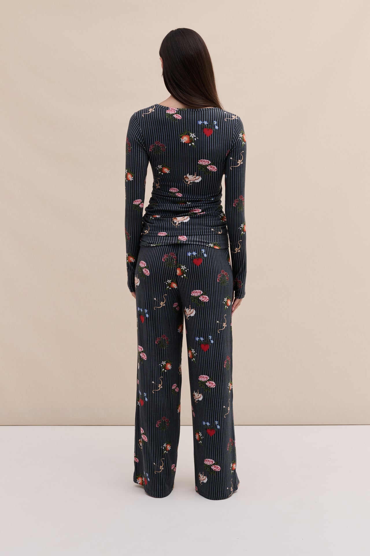 Lyocell Jersey Twist Top & Fold Over Trousers Set Primavera Pinstripe Navy