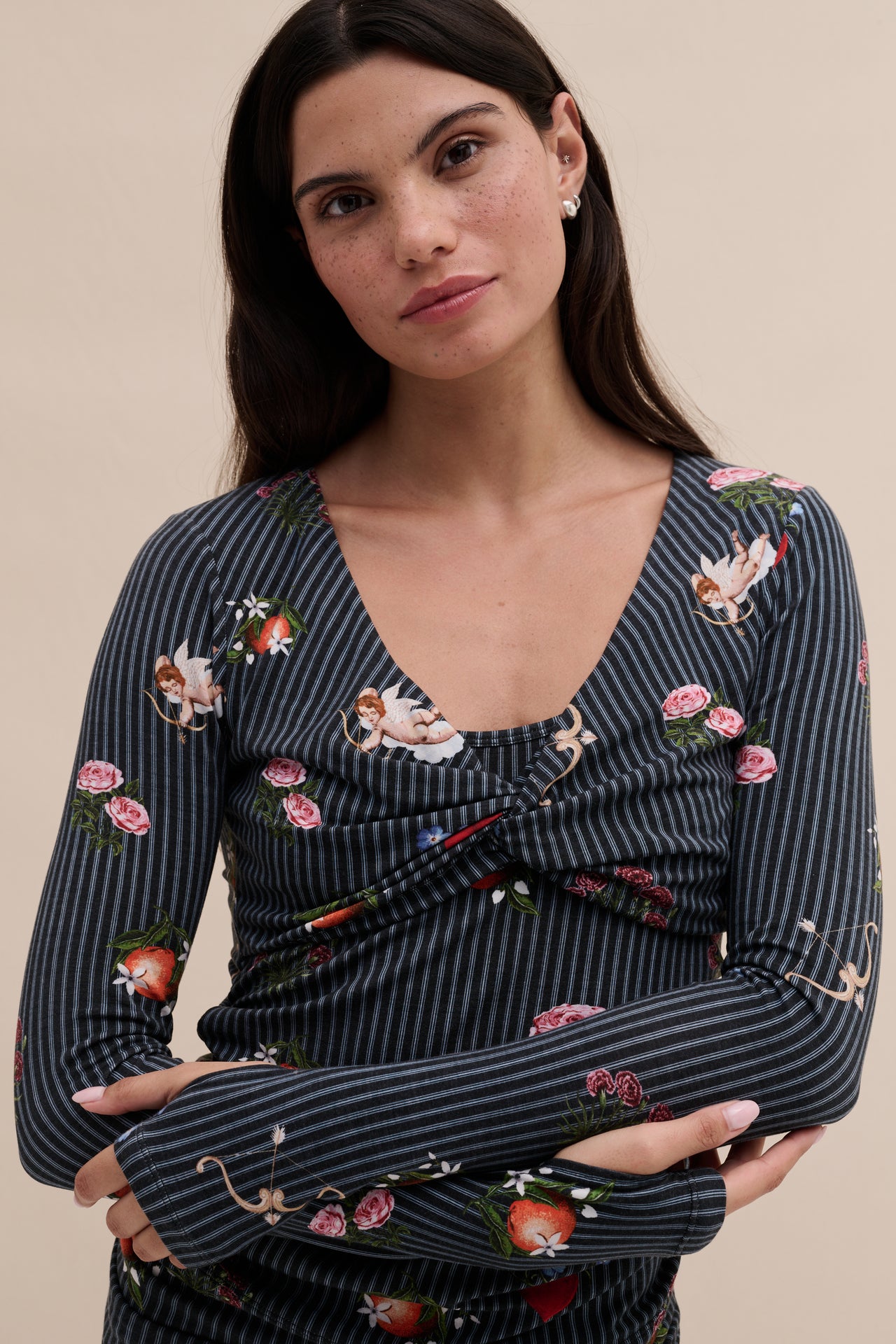 Lyocell Jersey Twist Top & Fold Over Trousers Set Primavera Pinstripe Navy
