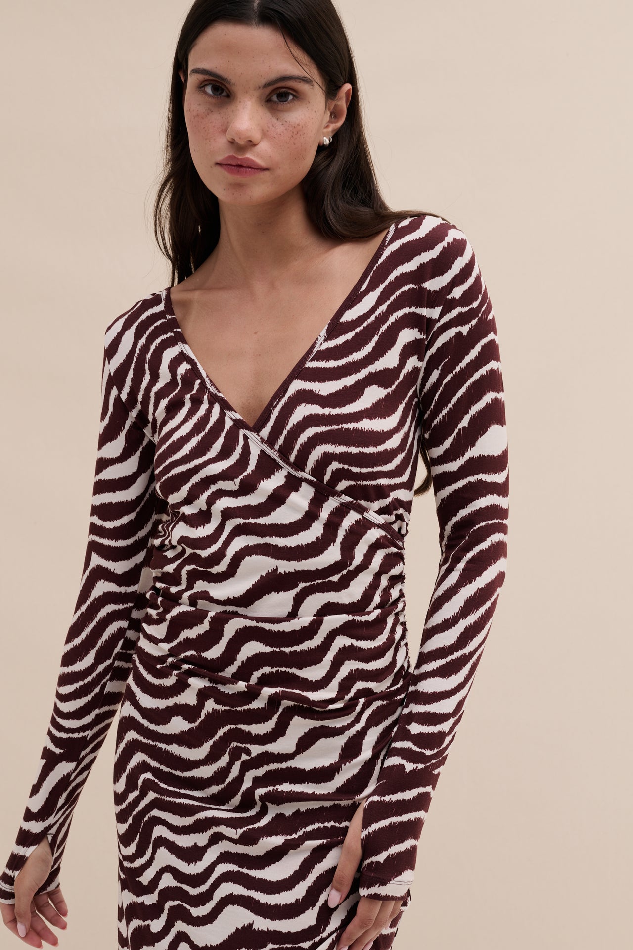 Lyocell Jersey Long Sleeve Wrap Nightie Tide Print Cocoa/Cream