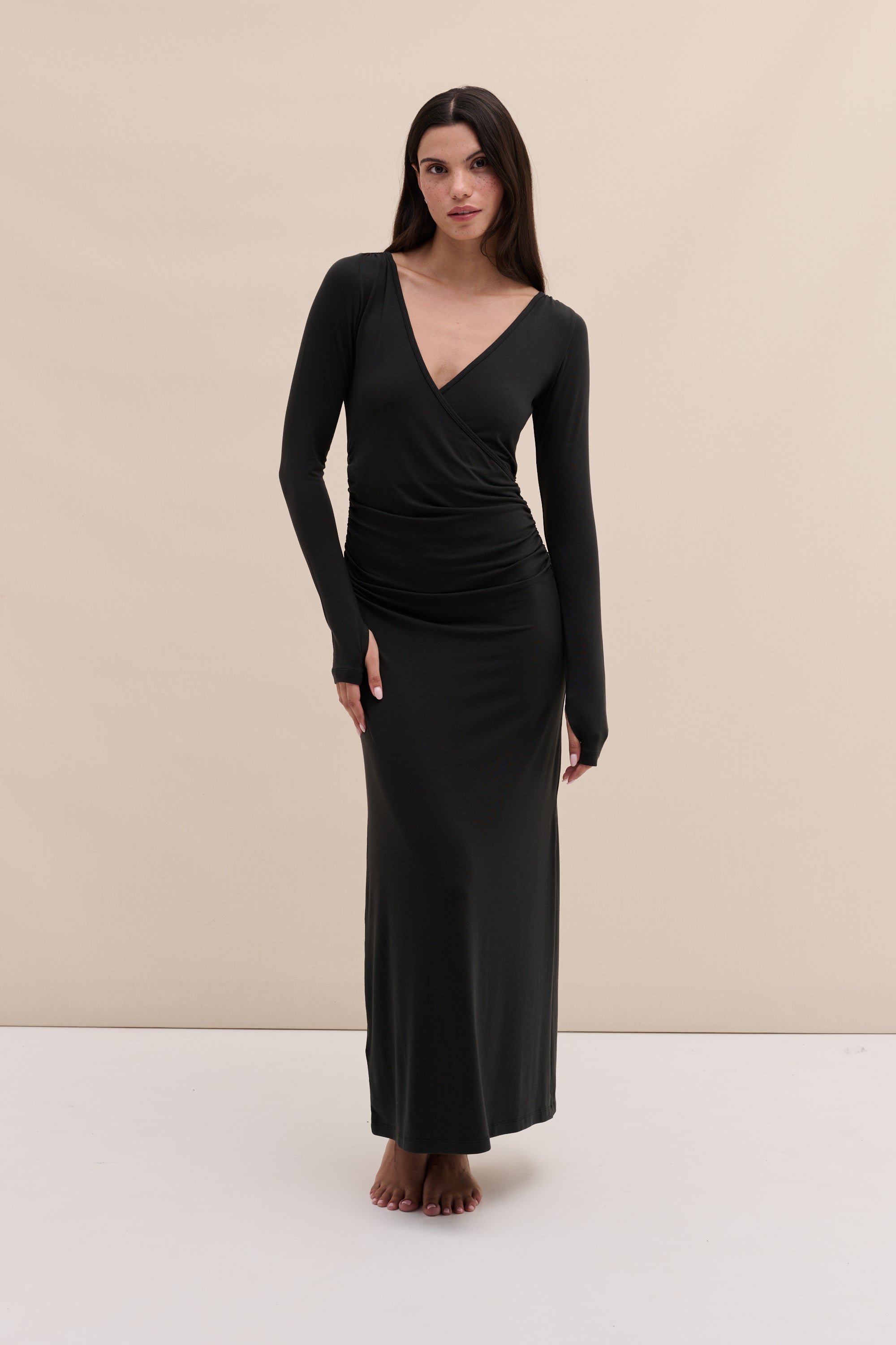 Lyocell Jersey Long Sleeve Wrap Nightie Graphite