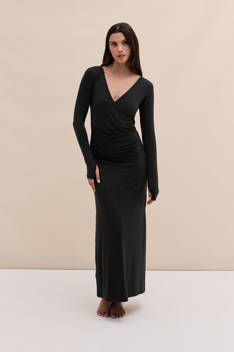 Lyocell Jersey Long Sleeve Wrap Nightie Graphite Black