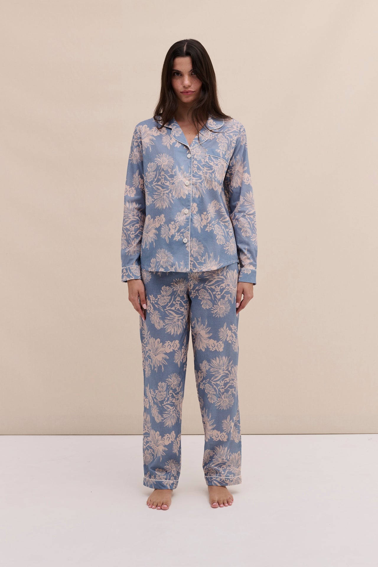 Long Pyjama Set Cactus Flower Print Powder Blue/Tan