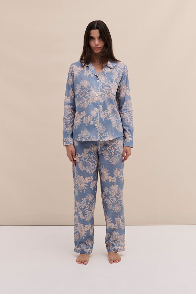 Long Pyjama Set Cactus Flower Print Powder Blue/Tan