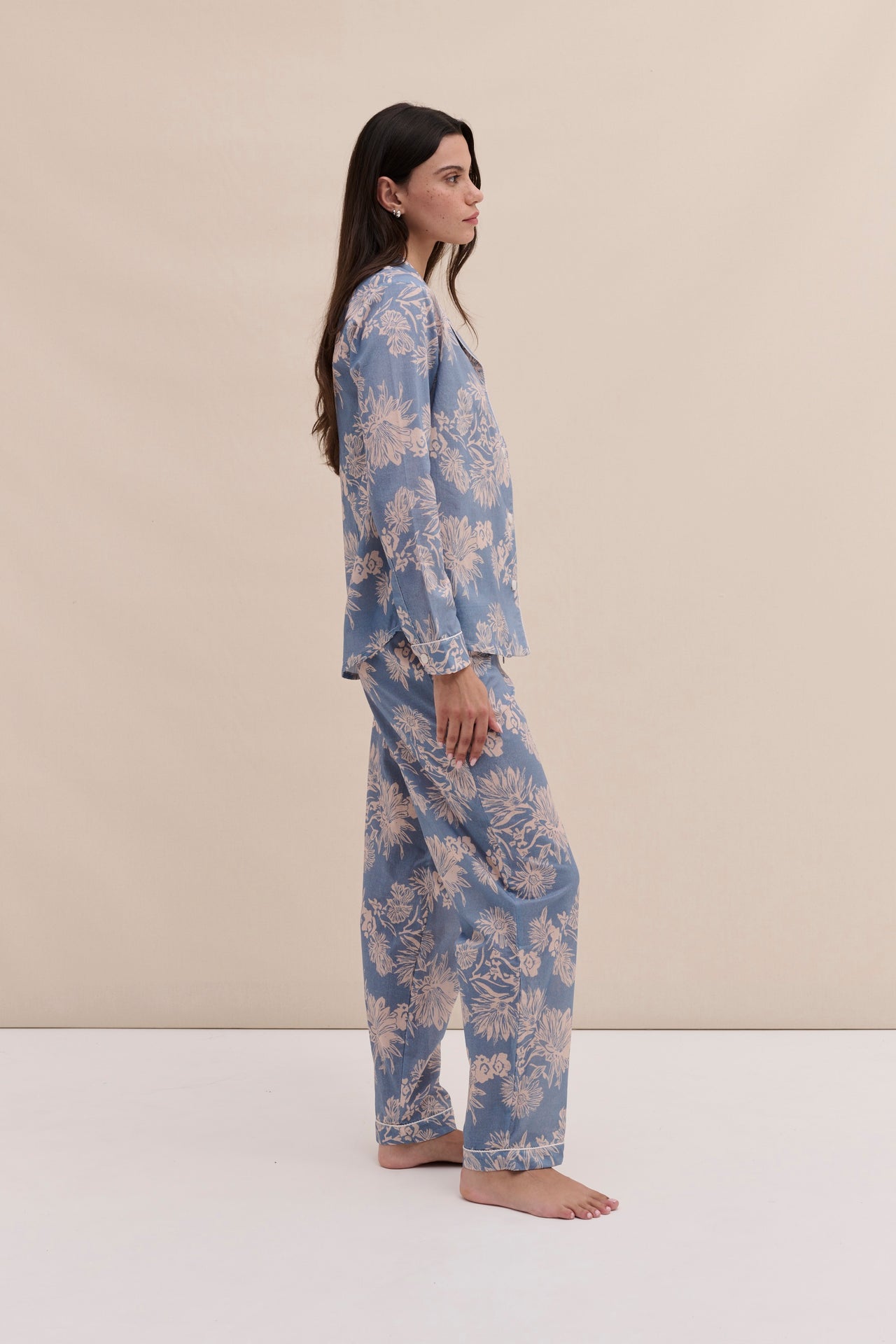 Long Pyjama Set Cactus Flower Print Powder Blue/Tan