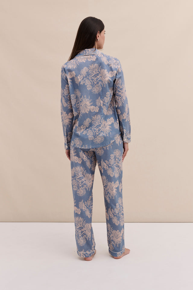 Long Pyjama Set Cactus Flower Print Powder Blue/Tan