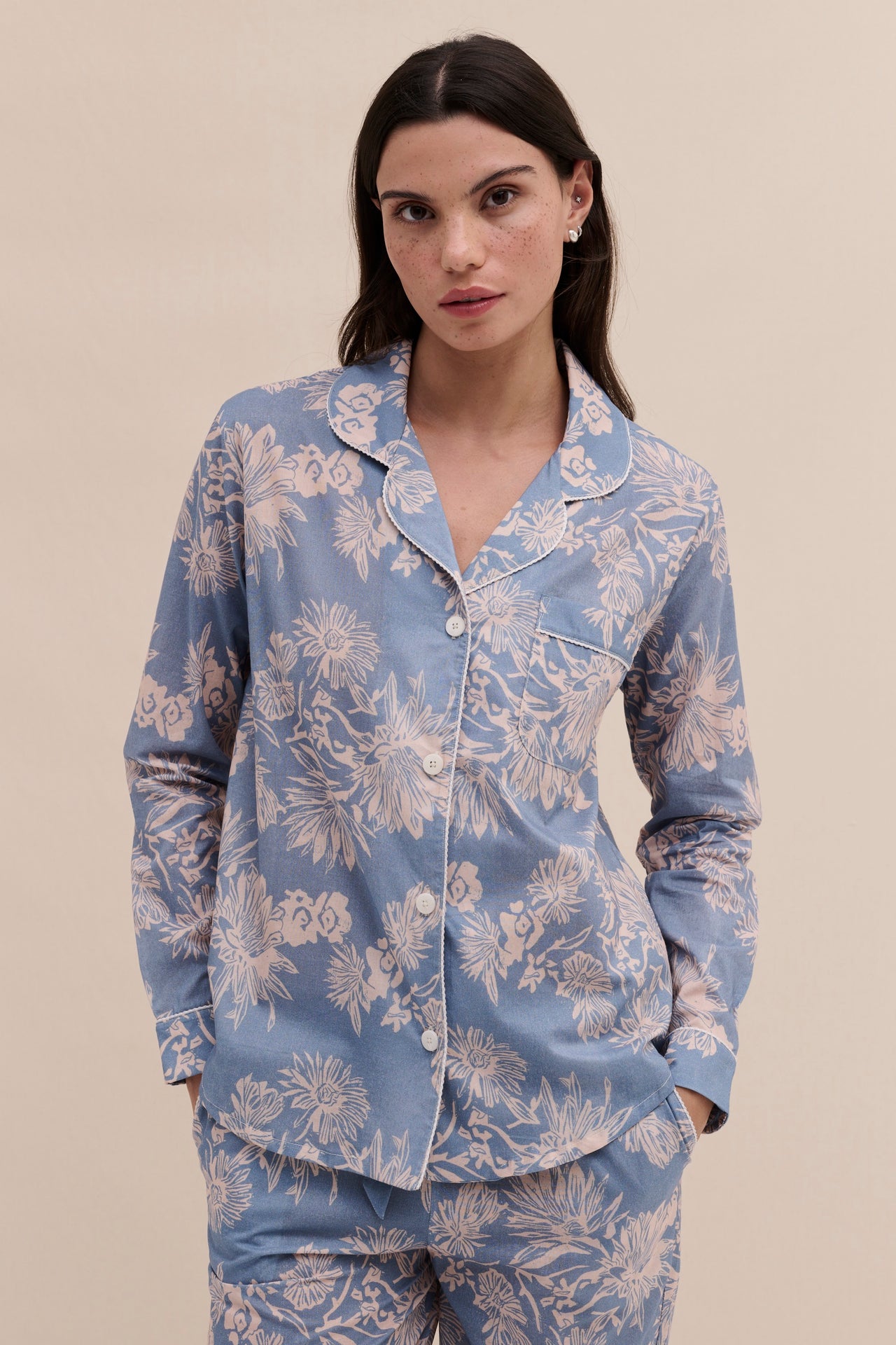 Long Pyjama Set Cactus Flower Print Powder Blue/Tan