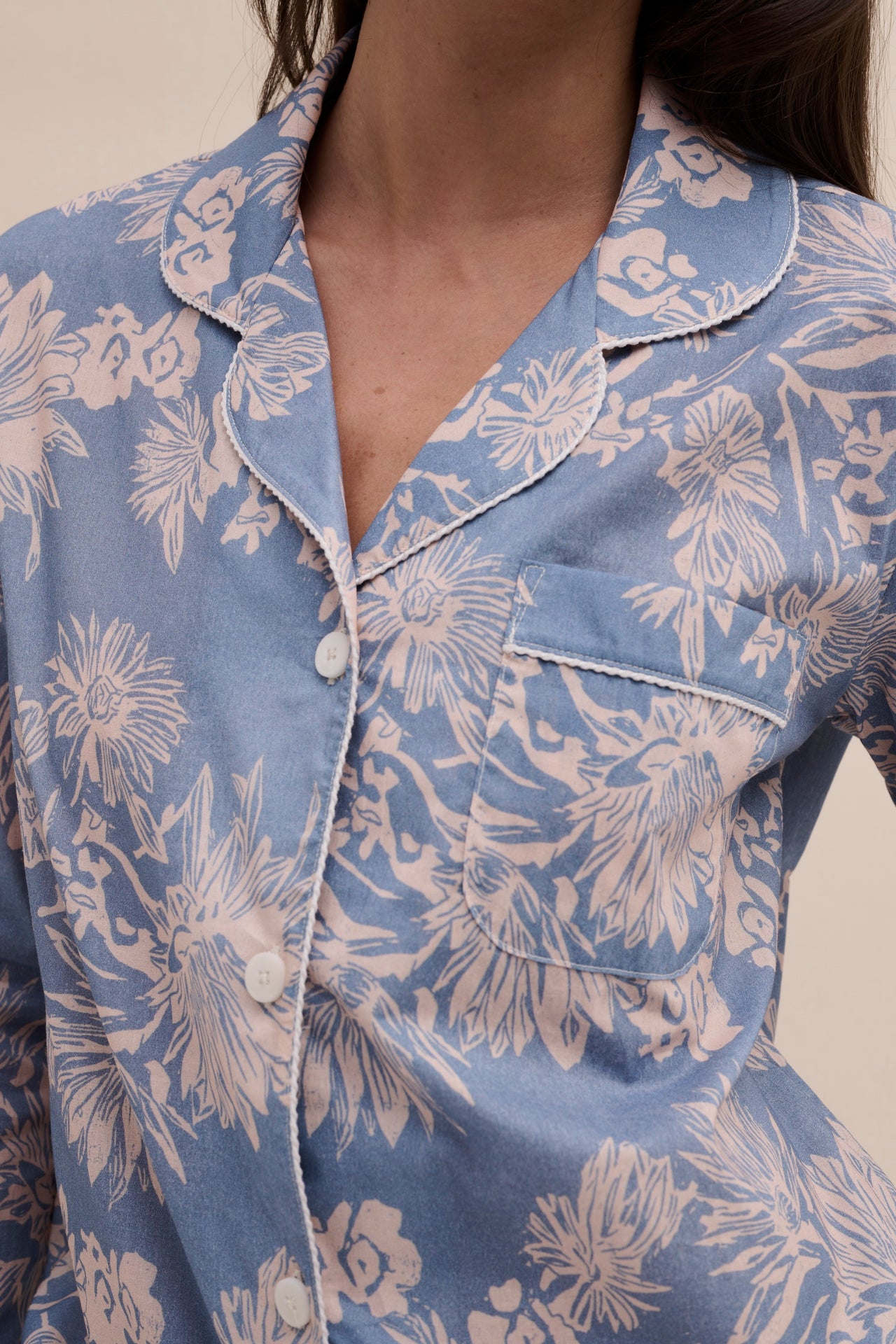 Long Pyjama Set Cactus Flower Print Powder Blue/Tan